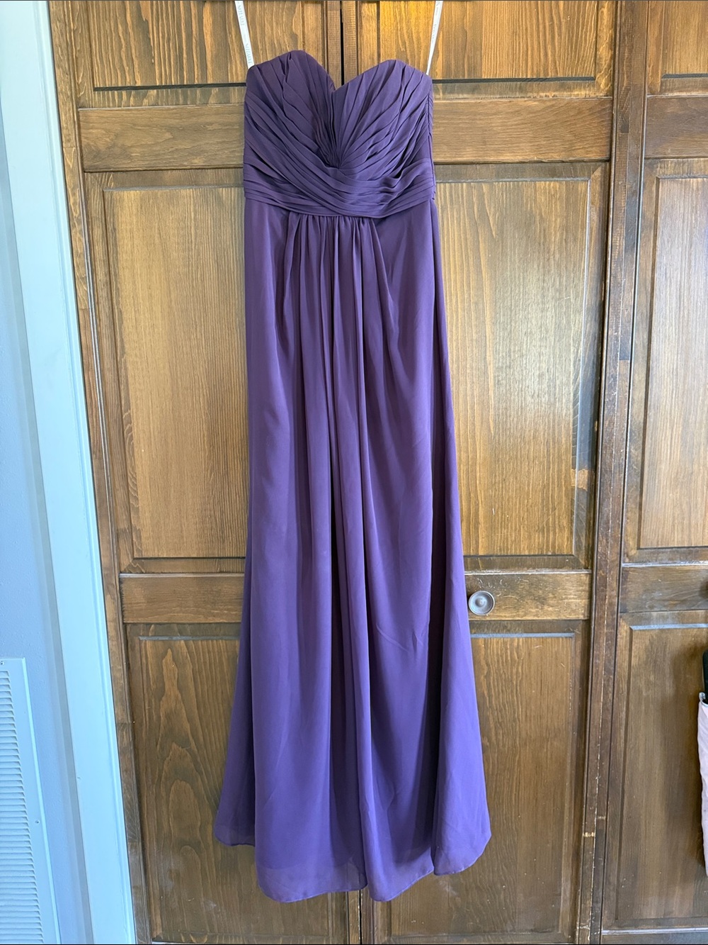 David's Bridal Strapless Plum Chiffon Gown